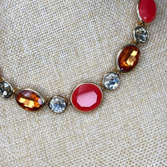 Monet Statement Necklace Gold-Tone With Red Orange & Clear Cabochon & Crystal St - Picture 3 of 9